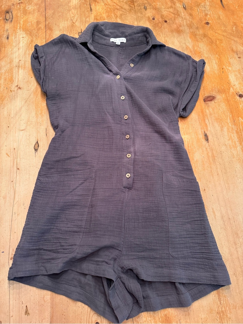 Short-Sleeve Button-Front Cotton Gauze Romper - Slate/Purple